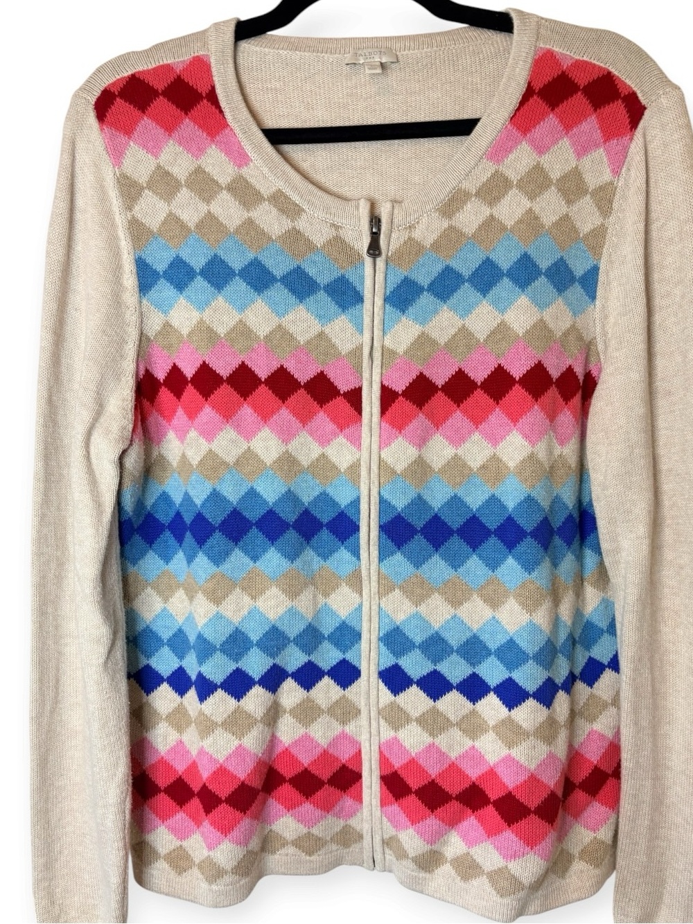 Talbots Multicolor Argyle Zip Cardigan